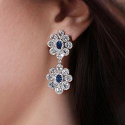 Double Flower Design Blue & White Sapphire Drop Earrings