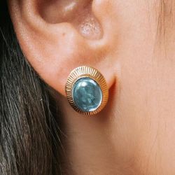 Golden Bezel Oval Cabochon Cut Aquamarine Sapphire Stud Earrings