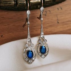 Two Tone Blue & White Sapphire Oval & Round Cut Drop Earrings For Women