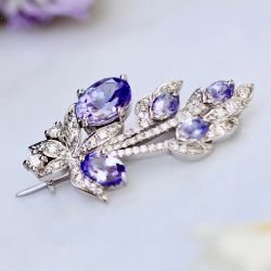 Floral Oval-Cut Tanzanite & White Sapphire Vintage Brooch Pin For Women