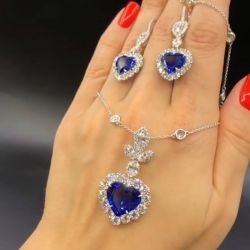Heart Cut Blue Sapphire Necklace & Earrings Set