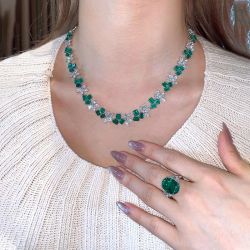 Green Emerald Necklace & Oval Cut Engagement Ring Jewelry Set