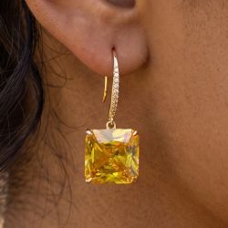 Golden Radiant Cut Yellow Sapphire Hoop Earrings