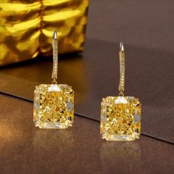 Golden Radiant Cut Yellow Sapphire Hoop Earrings