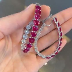 Heart Cut Ruby & White Hoop Earrings