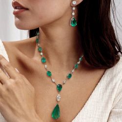 Emerald Sapphire Pear Cut Earrings & Necklace Jewelry Set