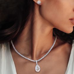Halo Pear Cut Earrings & Pendant Necklace Jewelry Set