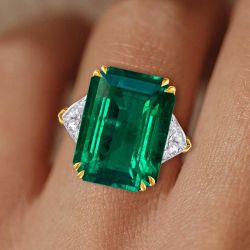 Golden Three Stone Double Prong Engagement Ring 