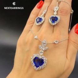 Heart Cut Blue Sapphire Necklace & Earrings Set