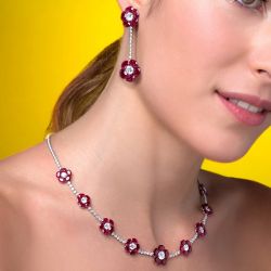 Flower Design Ruby Created Sapphire Necklace & Earrings Jewelry Set