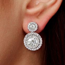 Double Halo Round Cut Drop Earrings