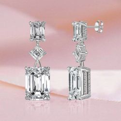 Emerald & Asscher & Round Cut Drop Earrings