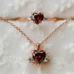Rose Gold Heart Cut Garnet Engagement Ring & Pendant Necklace Set