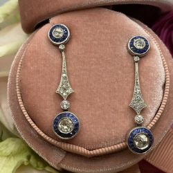 Art Deco Blue & White Sapphire Drop Earrings For Women