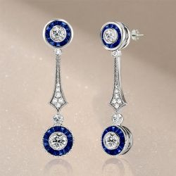 Art Deco Blue & White Sapphire Drop Earrings For Women