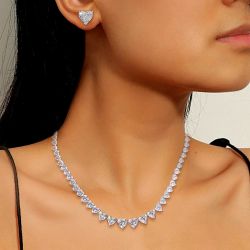 Classic Heart Cut Stud Earrings & Necklace Jewelry Set