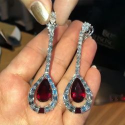 Pear & Emerald Cut Created Ruby Sapphire Drop Earrings