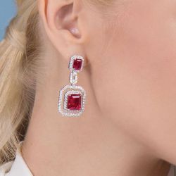 Double Halo Created Ruby Sapphire Lustrous Drop Earrings