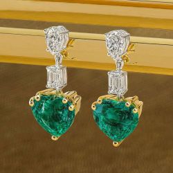 Two Tone Heart Cut Emerald Drop Earrings