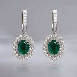 Double Halo Oval Cut Emerald Drop Earrings