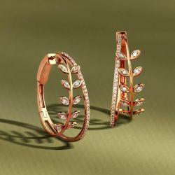 Rose Gold Foliage Design Round Cut Hoop Earrings
