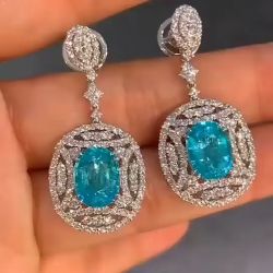 Double Prong Created Blue & White Sapphire Halo Drop Earrings