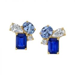 Golden Multi Cut Blue & White Created Sapphire Stud Earrings