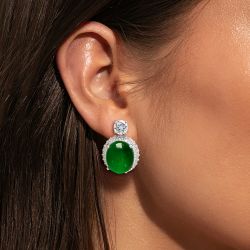 Vintage Halo Oval Cut Cabochon Emerald Sapphire Drop Earrings