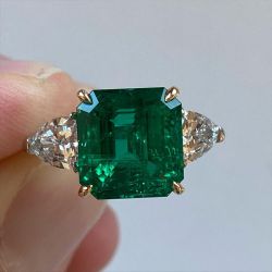 Three Stone Emerald Created Sapphire Engagement Ring