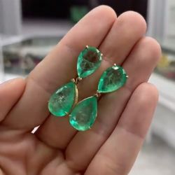 Golden Double Pear Cut Emerald Drop Earrings