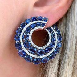 Oval Cut Created Blue & White Sapphire Circle Earrings