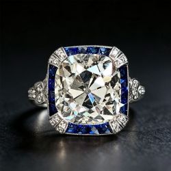 Art Deco Ring Cushion Blue & White Sapphire Engagement Ring