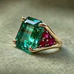 Golden Emerald Cut Emerald & Ruby Engagement Ring For Women