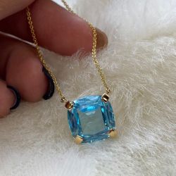 Golden Cushion Cut Blue Pendant Necklace