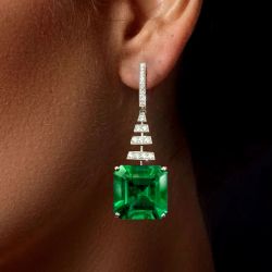 Asscher Cut Emerald & White Created Sapphire Drop Earrings