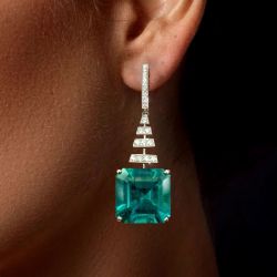 Asscher Cut Emerald & White Created Sapphire Drop Earrings