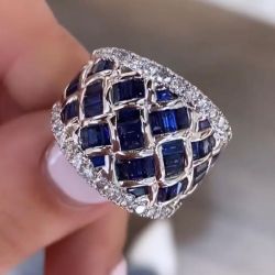 Luxury Basket Weave Baguette Cut  Blue & White Sapphire Wedding Band