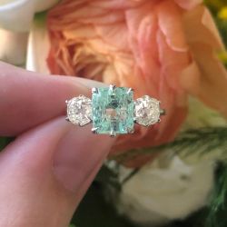 Three Stone Asscher Cut Unique Mint Green Engagement Ring