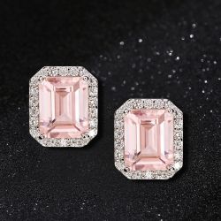 Halo Emerald Cut Pink Sapphire Stud Earrings 