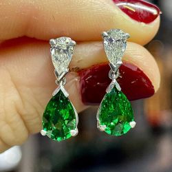 Double Pear Cut Emerald & White Sapphire Drop Earrings