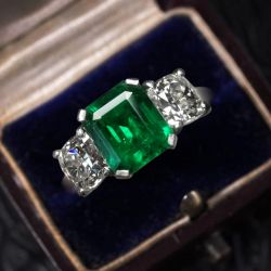 Three Stone Emerald Cut Emerald Sapphire Engagement Ring