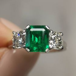 Three Stone Emerald Cut Emerald Sapphire Engagement Ring