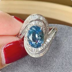 Unique Design Oval Cut White & Aquamarine Engagement Ring