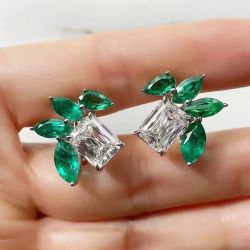 Radiant Cut White & Emerald Sapphire Cluster Stud Earrings