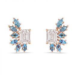Rose Gold Emerald Cut White & Blue Topaz Stud Earrings