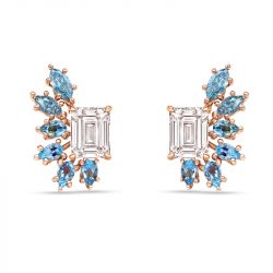 Rose Gold Emerald Cut White & Blue Topaz Stud Earrings