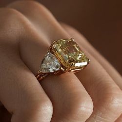 Golden Three Stone Cushion Cut Engagement Ring