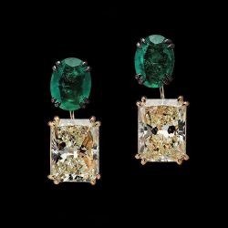 Two Tone Radiant Cut Emerald & Yellow Sapphire Drop Earrings