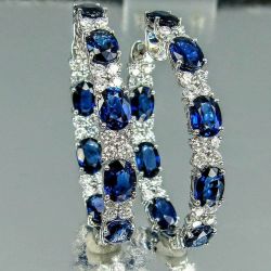 Oval Cut Blue & White Sapphire Eternity Hoop Earrings