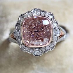 Two Tone Milgrain Halo Cushion Cut Pink Engagement Ring